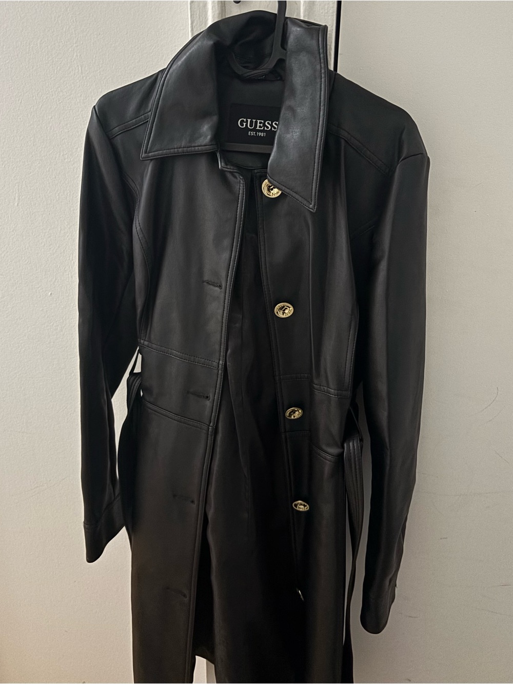 GUESS Black Leather Long Trench Coat with Gold Buttons